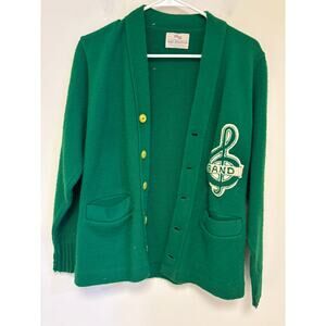Vintage Varsity High School Green Sweater Cardigan Band 60s